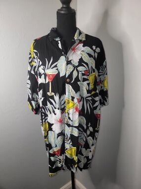 Black Tropical Cocktail Print Button-Up Shirt